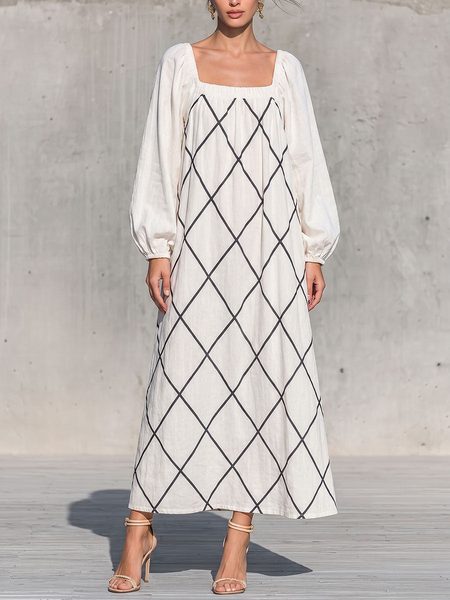 Annevieve™ | Geometric Diamond Lattice Square Neck Long-Sleeve Midi Dress
