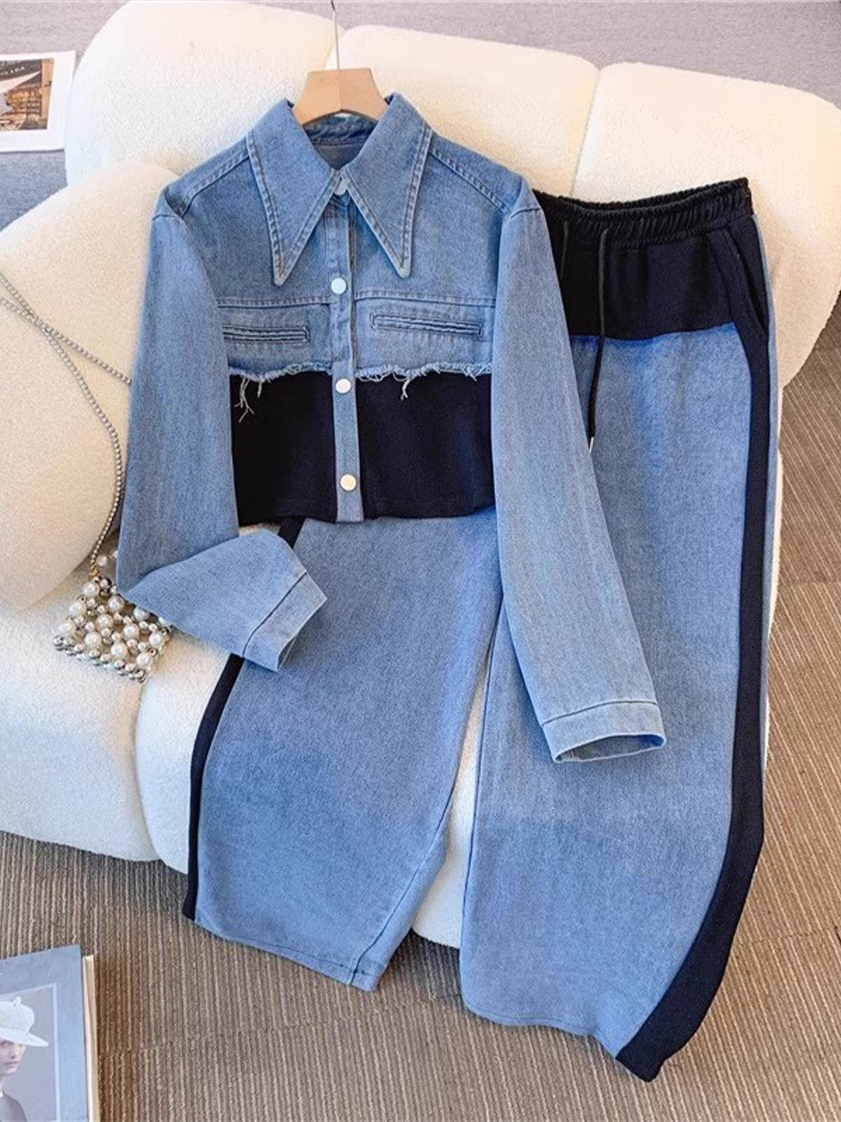 Women's Color-Block Cropped Jacket & Wide-Leg Pants Set