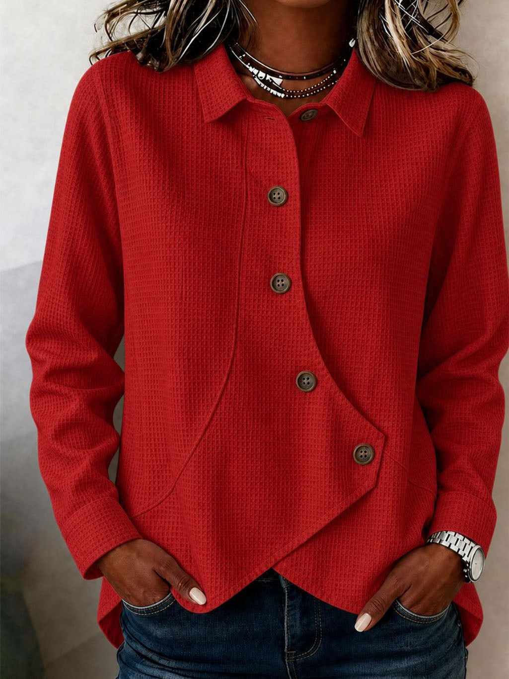 Clavine™ | Asymmetric Button-Front Collared Blouse