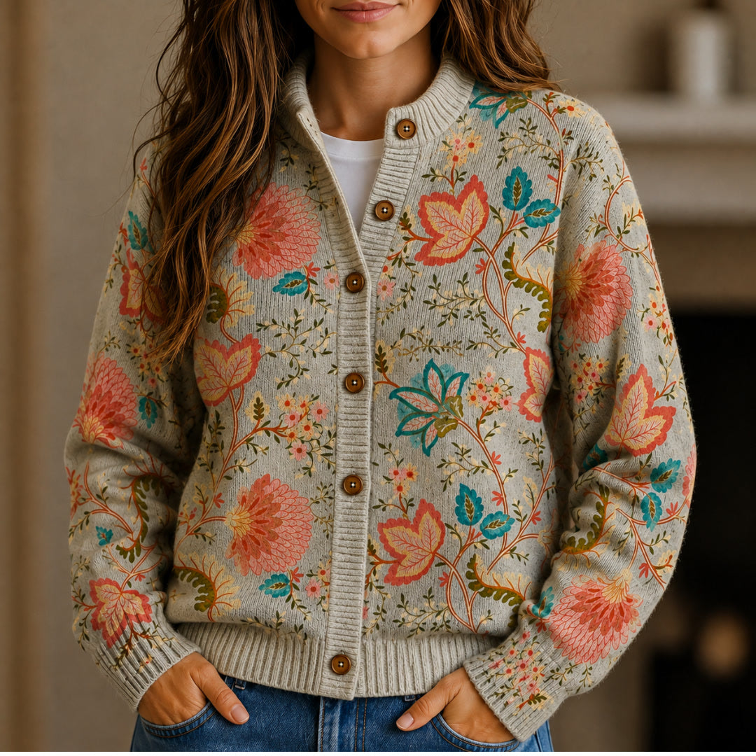 Hesper Coral Folk Floral Knit Cardigan
