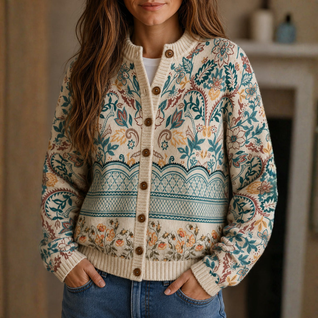 Petronella Teal Paisley Border Knit Cardigan