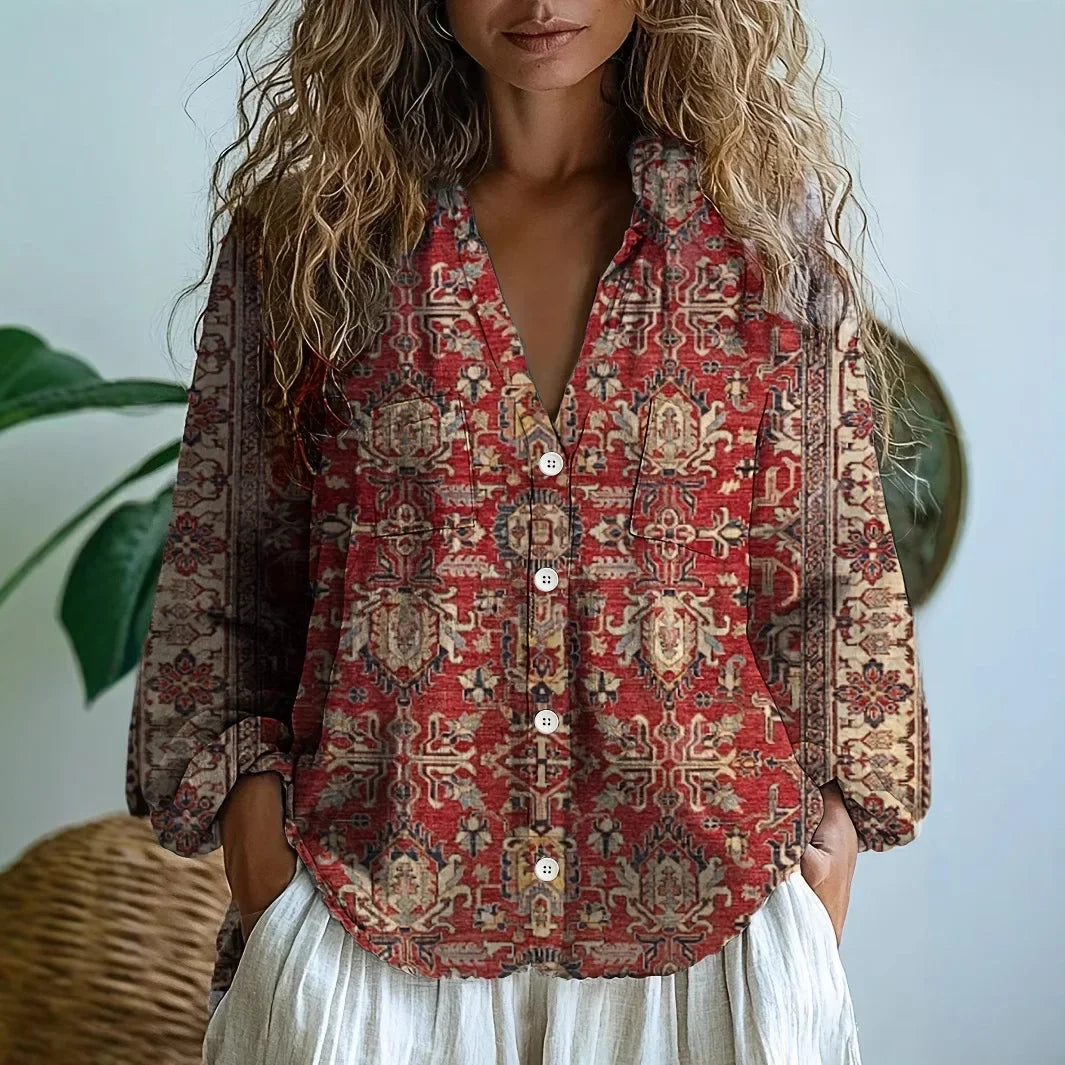 Isadora™ | Women's Printed V-Neck Long Sleeve Blouse