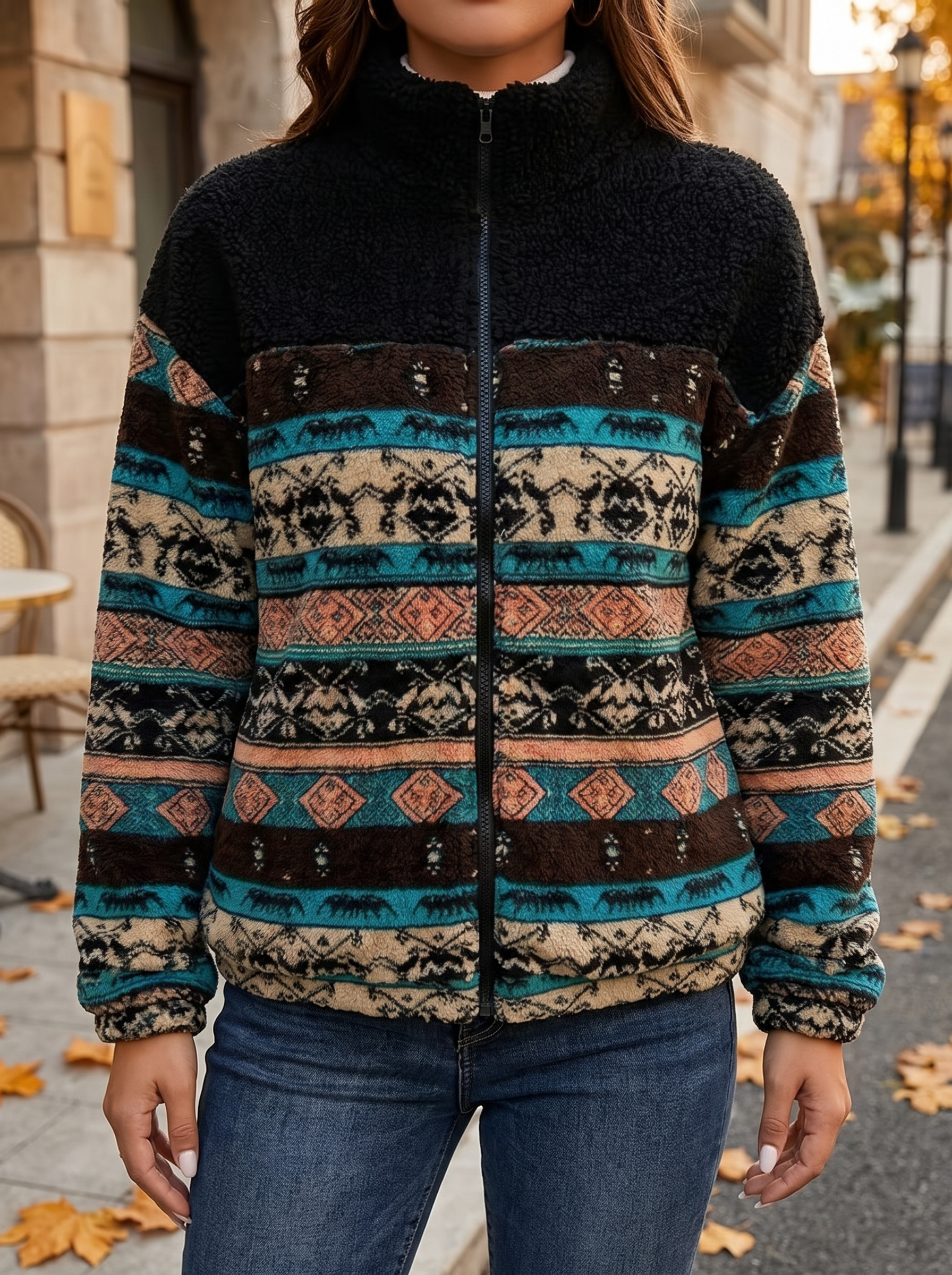 Ravella™ | Striped Aztec Sherpa Jacket — 1