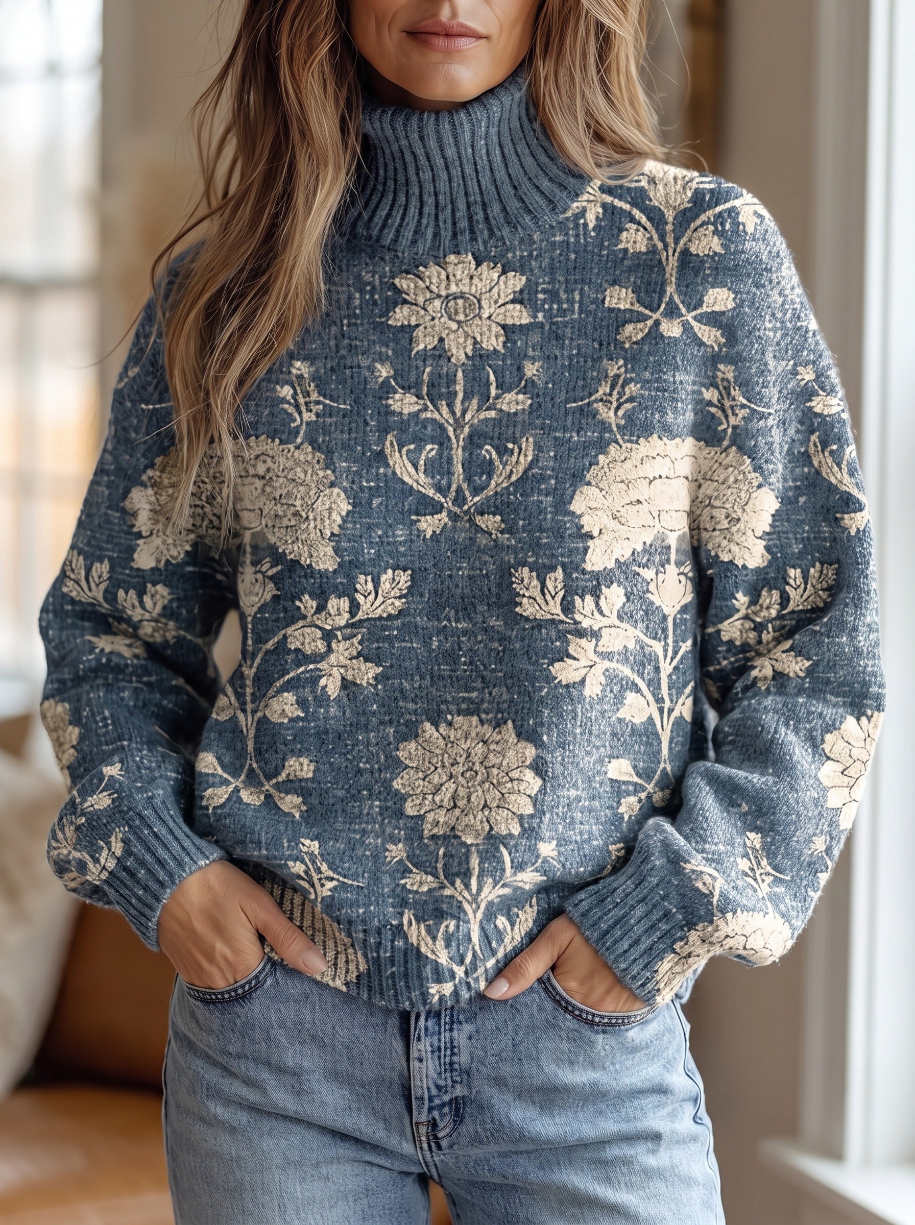 Solveig™ | Indigo Block-Print Turtleneck