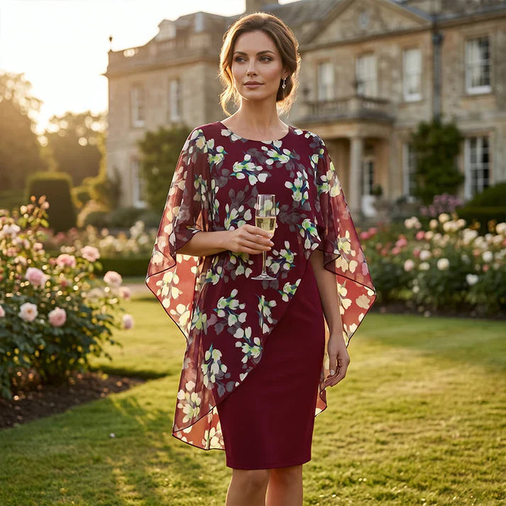 Farrah™ | Elegant Floral Cape Overlay Dress