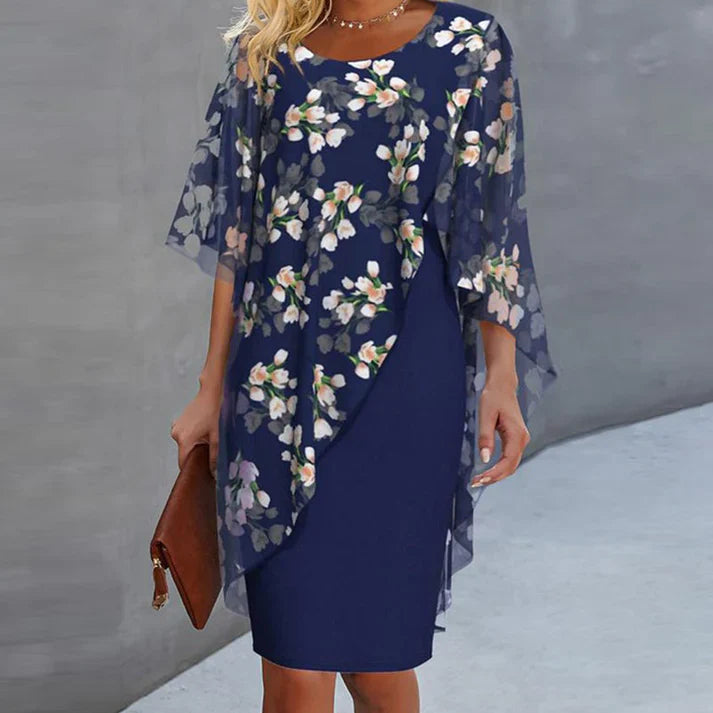 Farrah™ | Elegant Floral Cape Overlay Dress