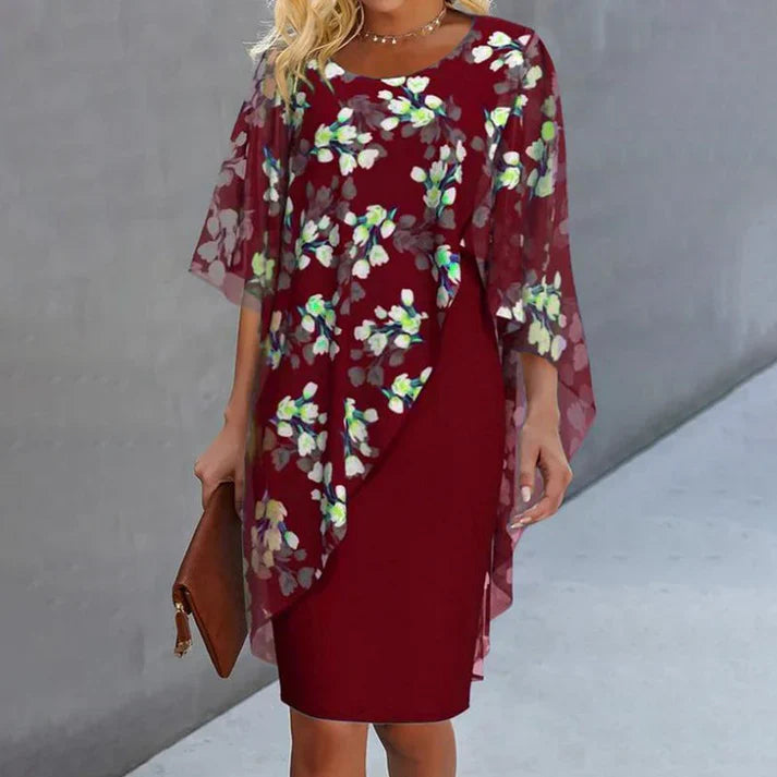 Farrah™ | Elegant Floral Cape Overlay Dress
