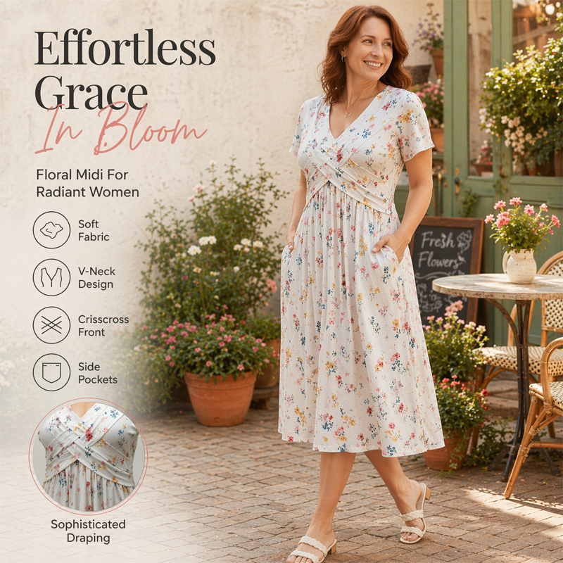 Junella™ | Floral V-Neck Twist-Waist Dress