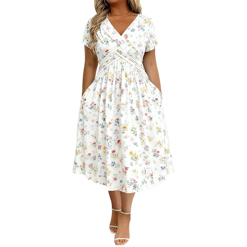 Junella™ | Floral V-Neck Twist-Waist Dress