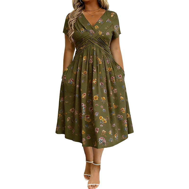 Junella™ | Floral V-Neck Twist-Waist Dress