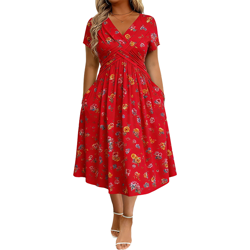 Junella™ | Floral V-Neck Twist-Waist Dress