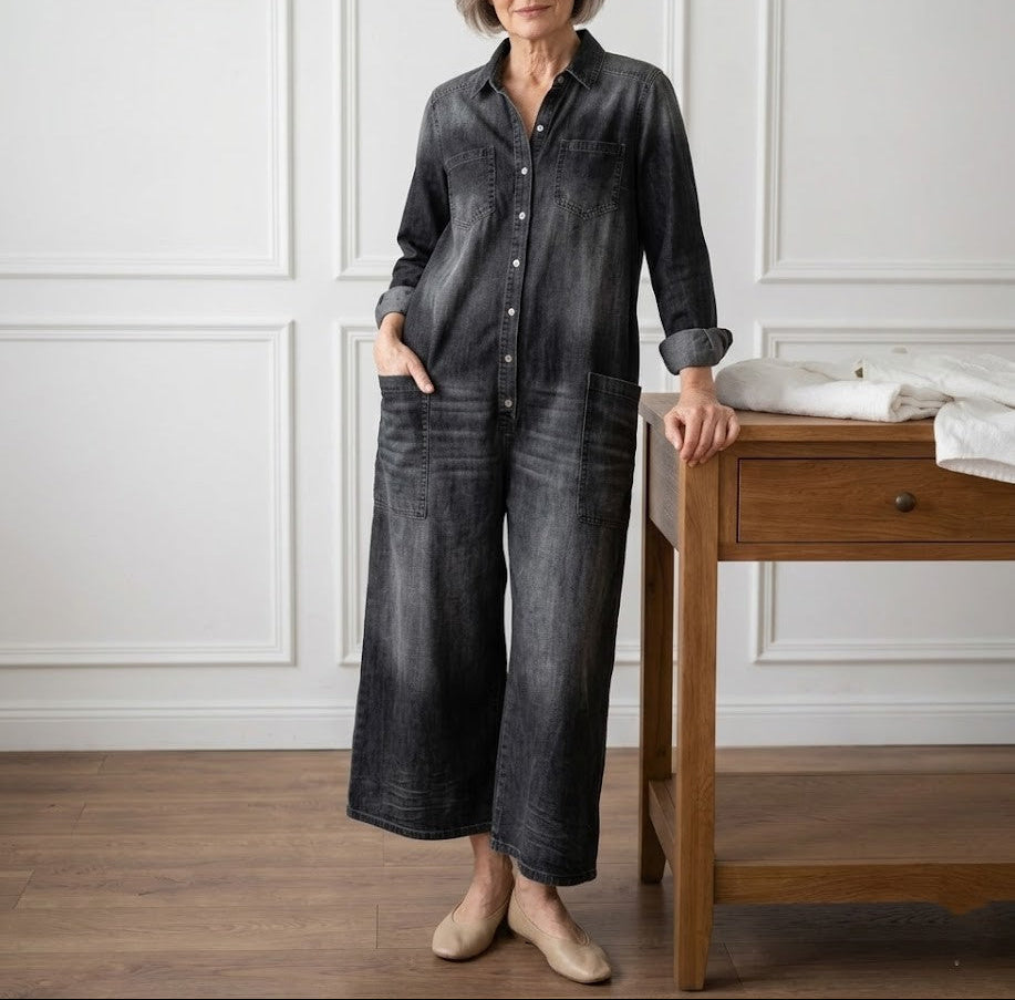 Sandy | Vintage Washed Soft Cotton Denim Jumpsuit with Button Closure