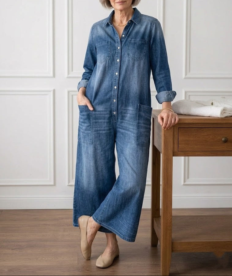 Sandy | Vintage Washed Soft Cotton Denim Jumpsuit with Button Closure