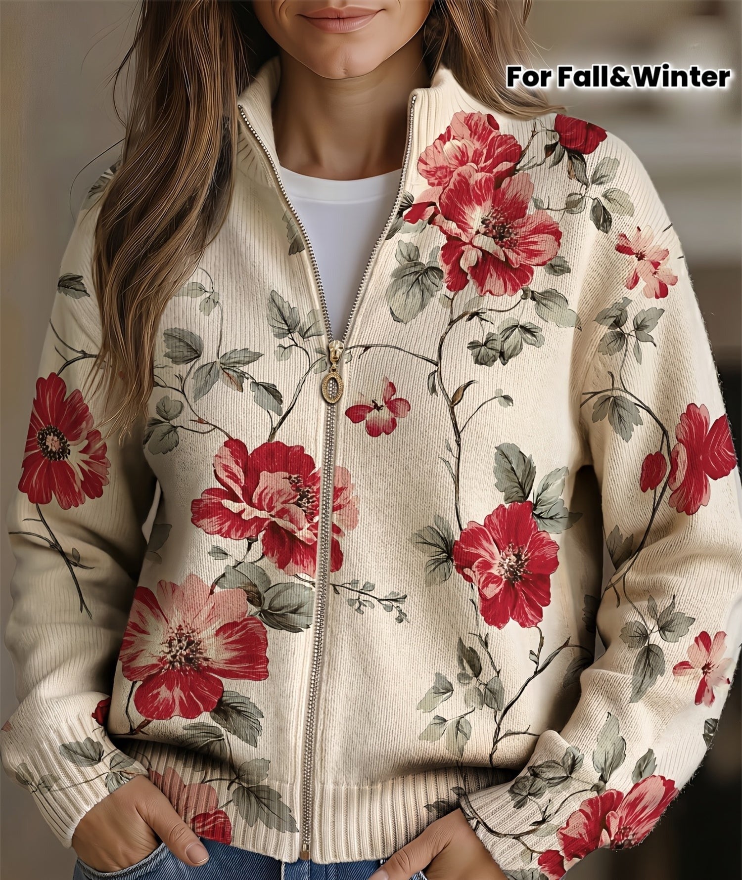 Wilhelmine™ | Vintage Rose Print Zip Cardigan