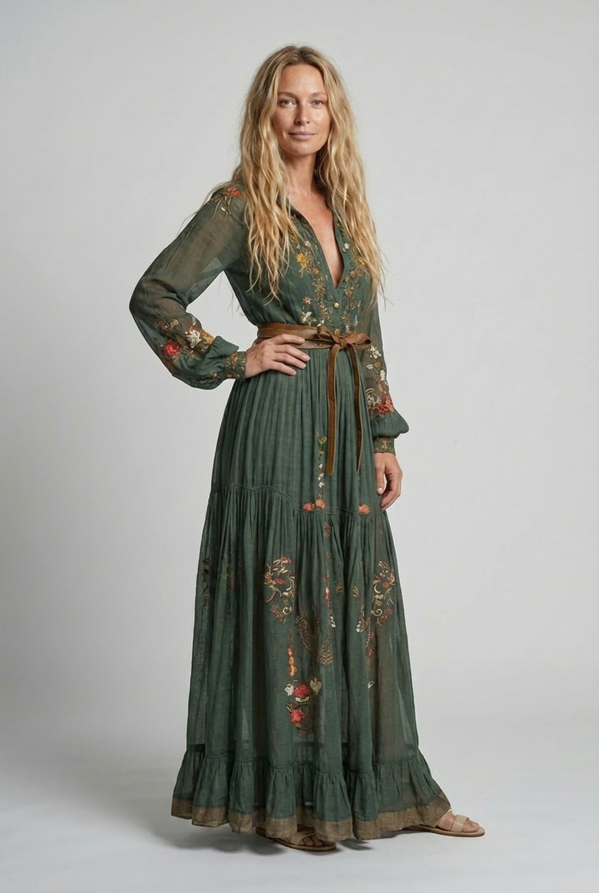 Loretta™ | Embroidered V-Neck Bohemian Maxi Dress