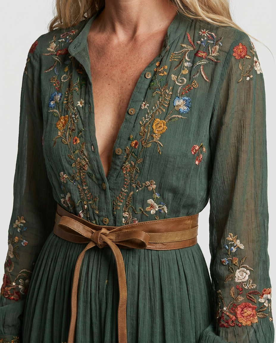Loretta™ | Embroidered V-Neck Bohemian Maxi Dress