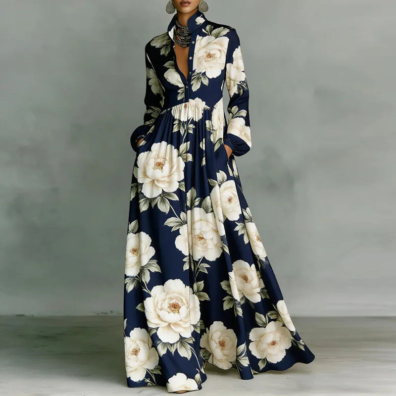Annika™ | Geometric Print Maxi Dress Long Sleeve High-Waist Pleated Shirt Collar Button-Front Boho Vacation