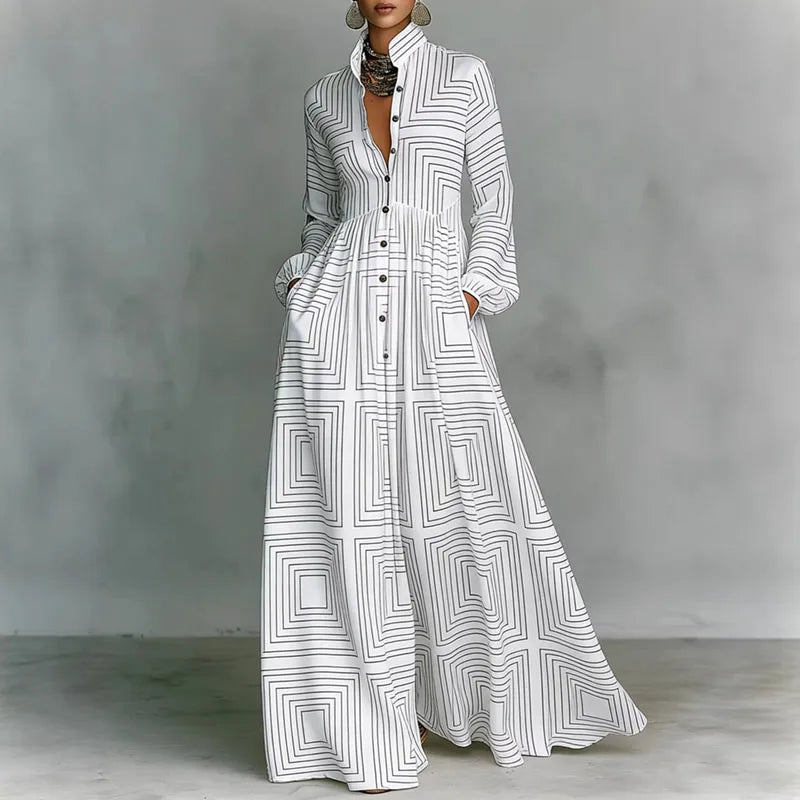 Annika™ | Geometric Print Maxi Dress Long Sleeve High-Waist Pleated Shirt Collar Button-Front Boho Vacation