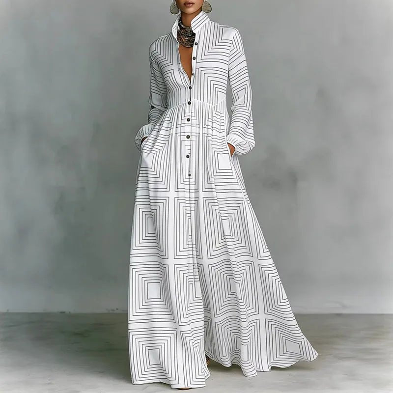 Orvette™ | Printed Maxi Dress with Stand Collar Long Sleeve Button Front High Waist