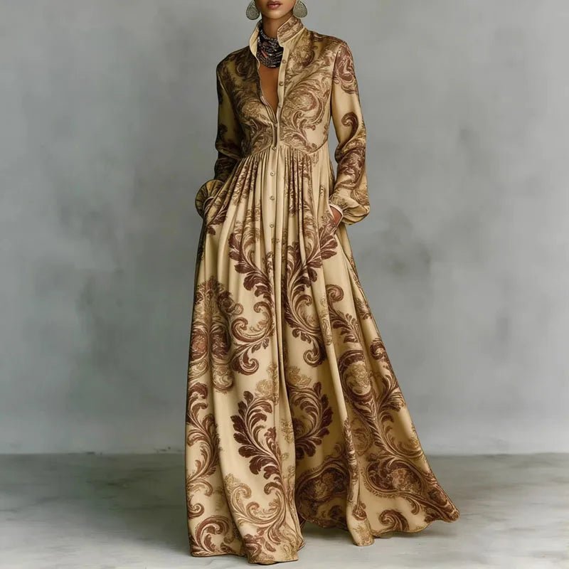 Orvette™ | Printed Maxi Dress with Stand Collar Long Sleeve Button Front High Waist