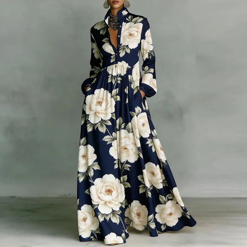Orvette™ | Printed Maxi Dress with Stand Collar Long Sleeve Button Front High Waist