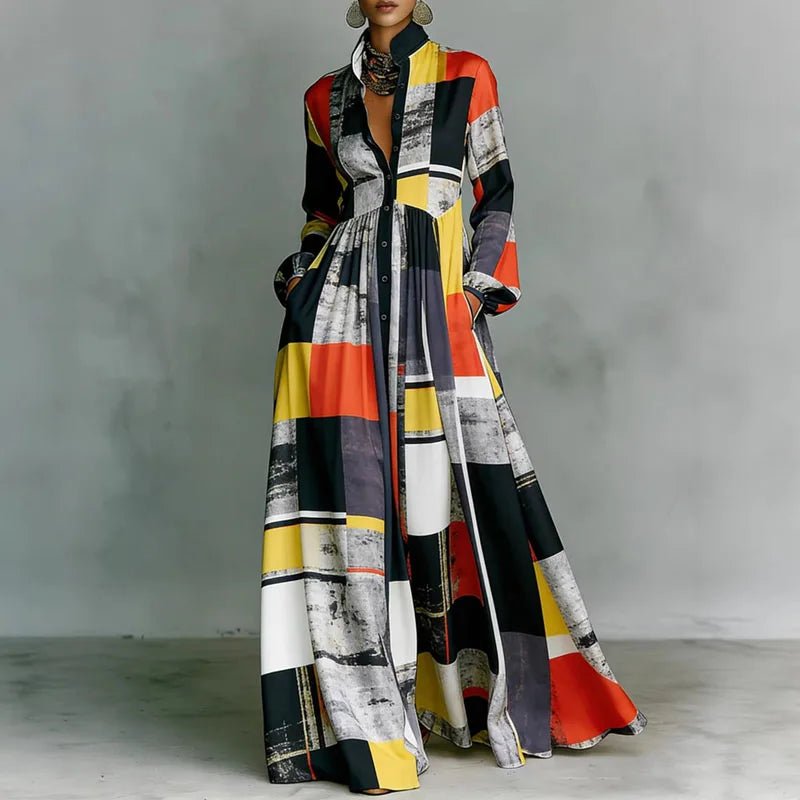 Orvette™ | Printed Maxi Dress with Stand Collar Long Sleeve Button Front High Waist