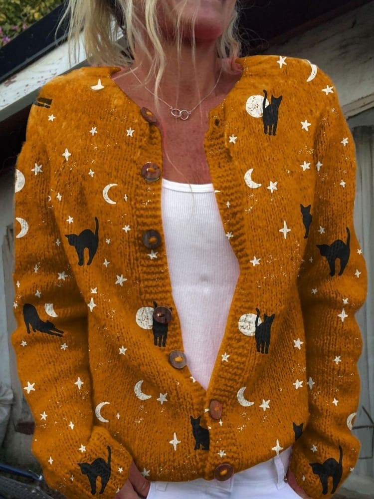 Prunella™ | Halloween Black Cat Print Buttoned Cardigan