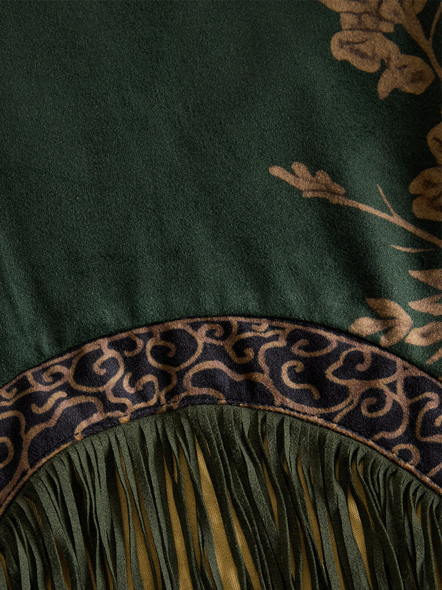 Brelaine™ | Retro Silhouette Printed Green Tassel Maxi Dress