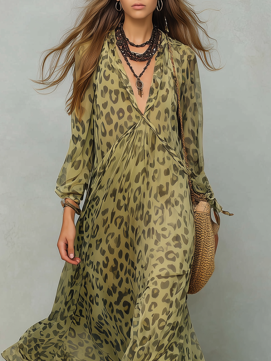 Lavara™ | Olive Green Leopard Print Long-Sleeve Bohemian Maxi Dress