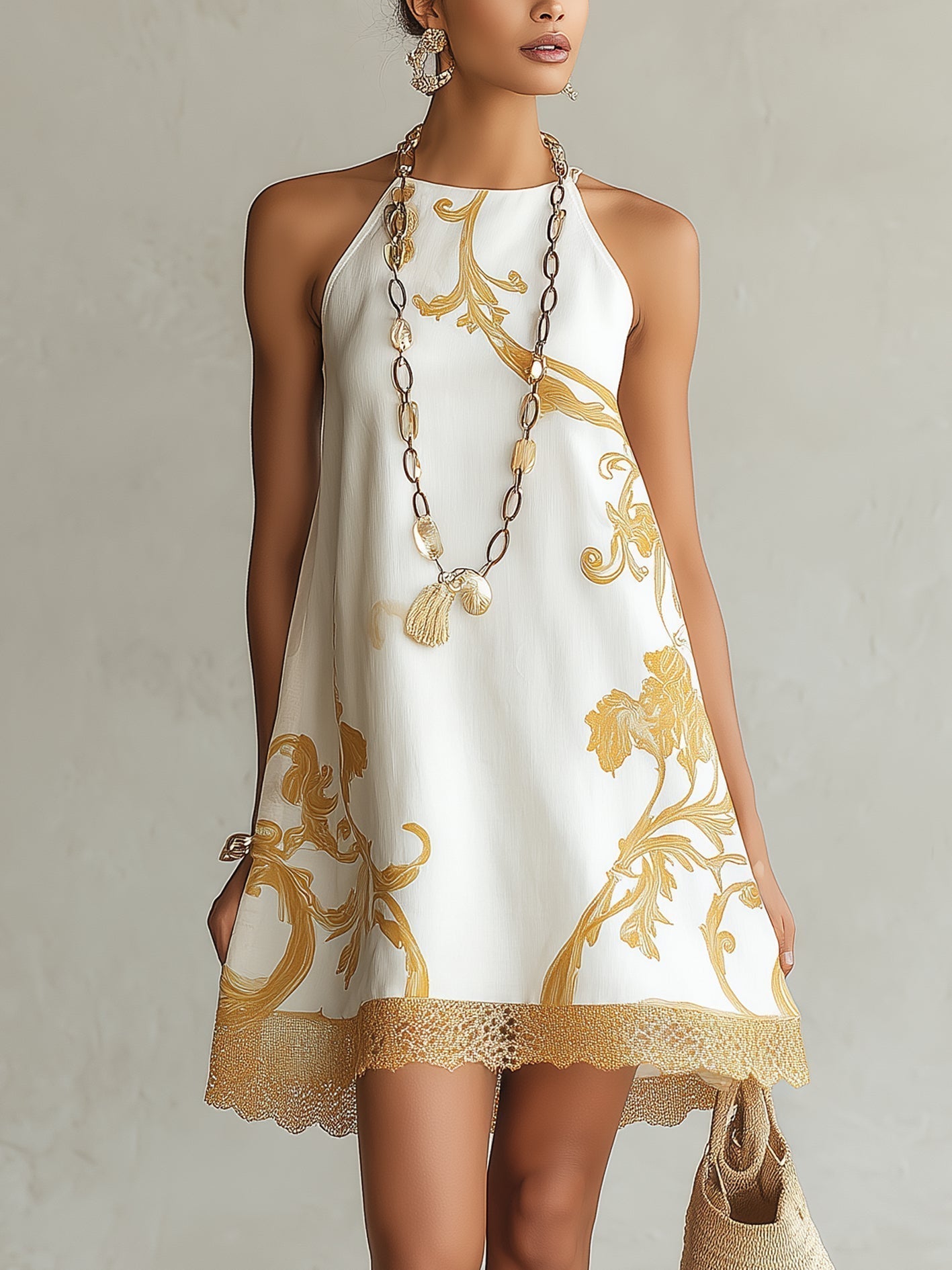 Valdine™ | White & Gold Baroque Mini Dress