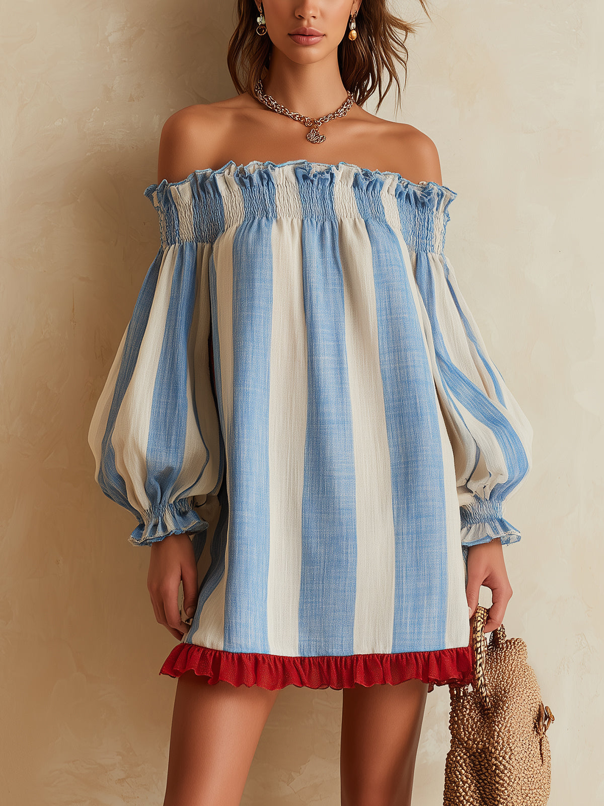 Vespara™ | Off-Shoulder Striped Mini Dress with Contrast Ruffle Hem