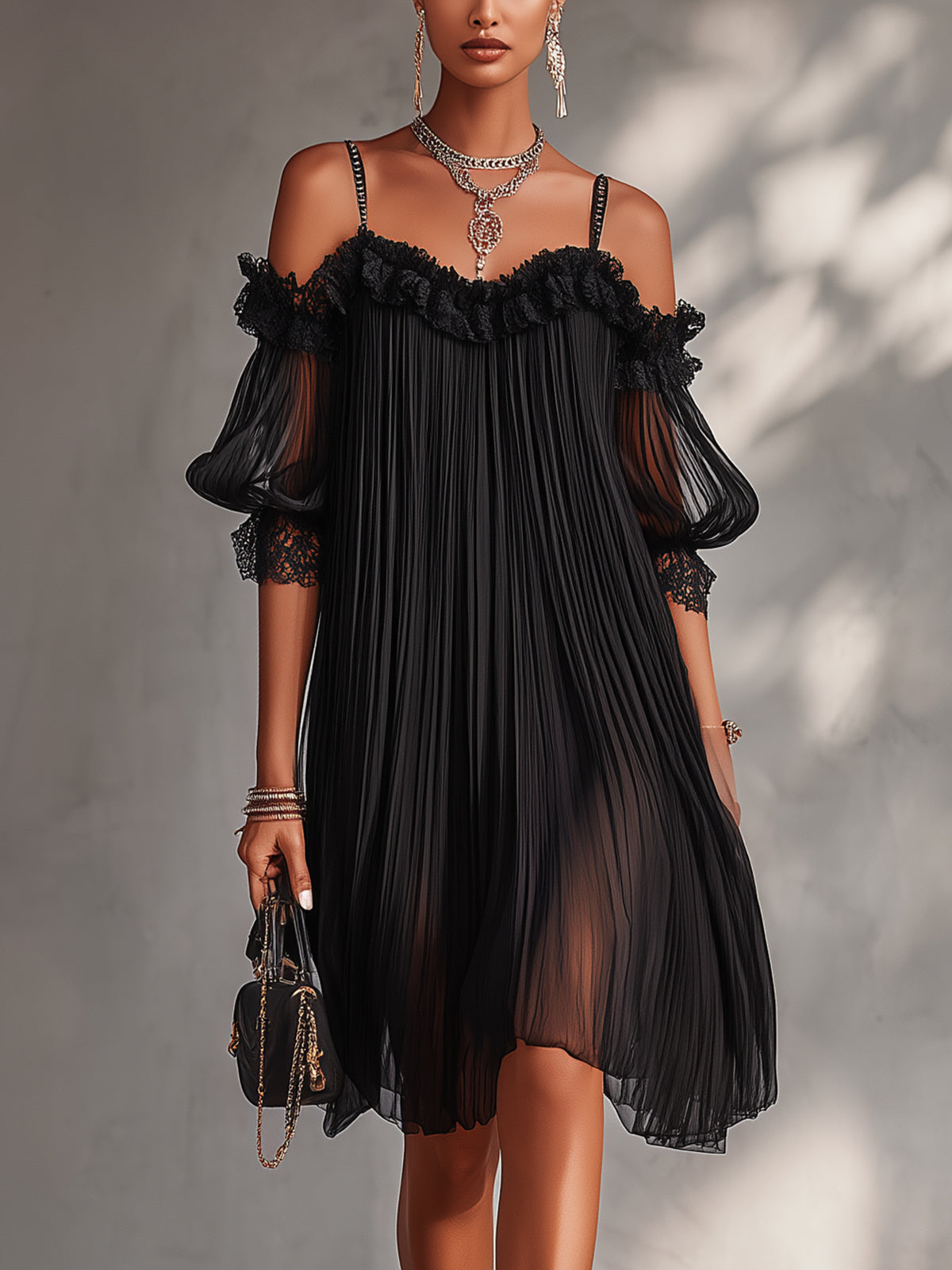 Clavinda™ | Cold-Shoulder Pleated Mini Dress with Lace Trim