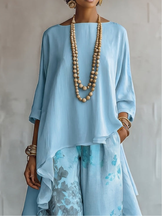 Eloura™ | Asymmetrical Top and Floral Wide-Leg Pants Set