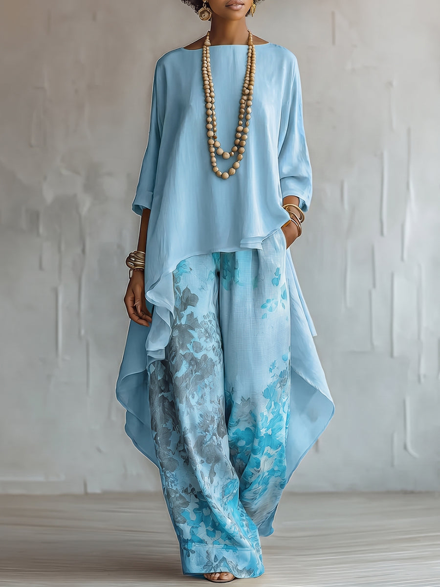 Eloura™ | Asymmetrical Top and Floral Wide-Leg Pants Set