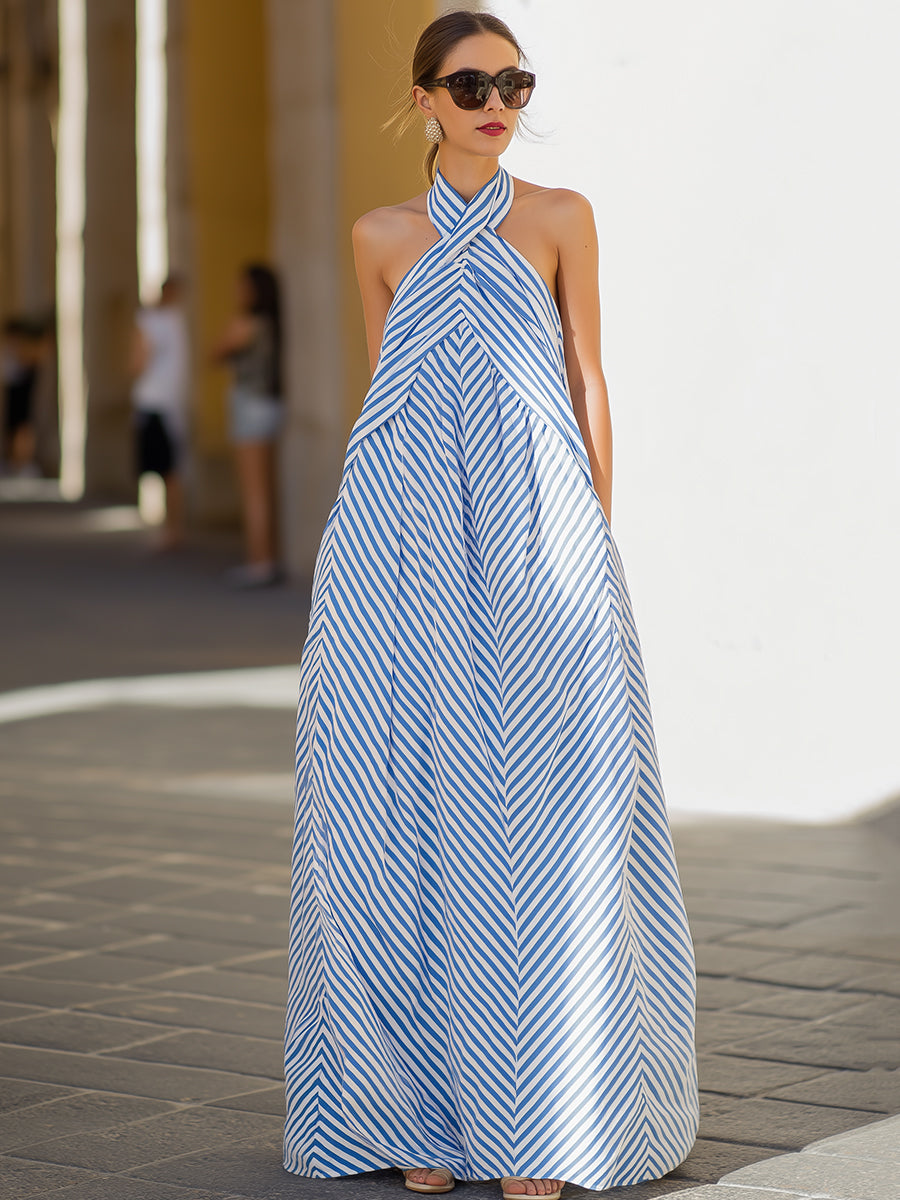 Beatrix™ | Striped Halter Maxi Dress with Open Back