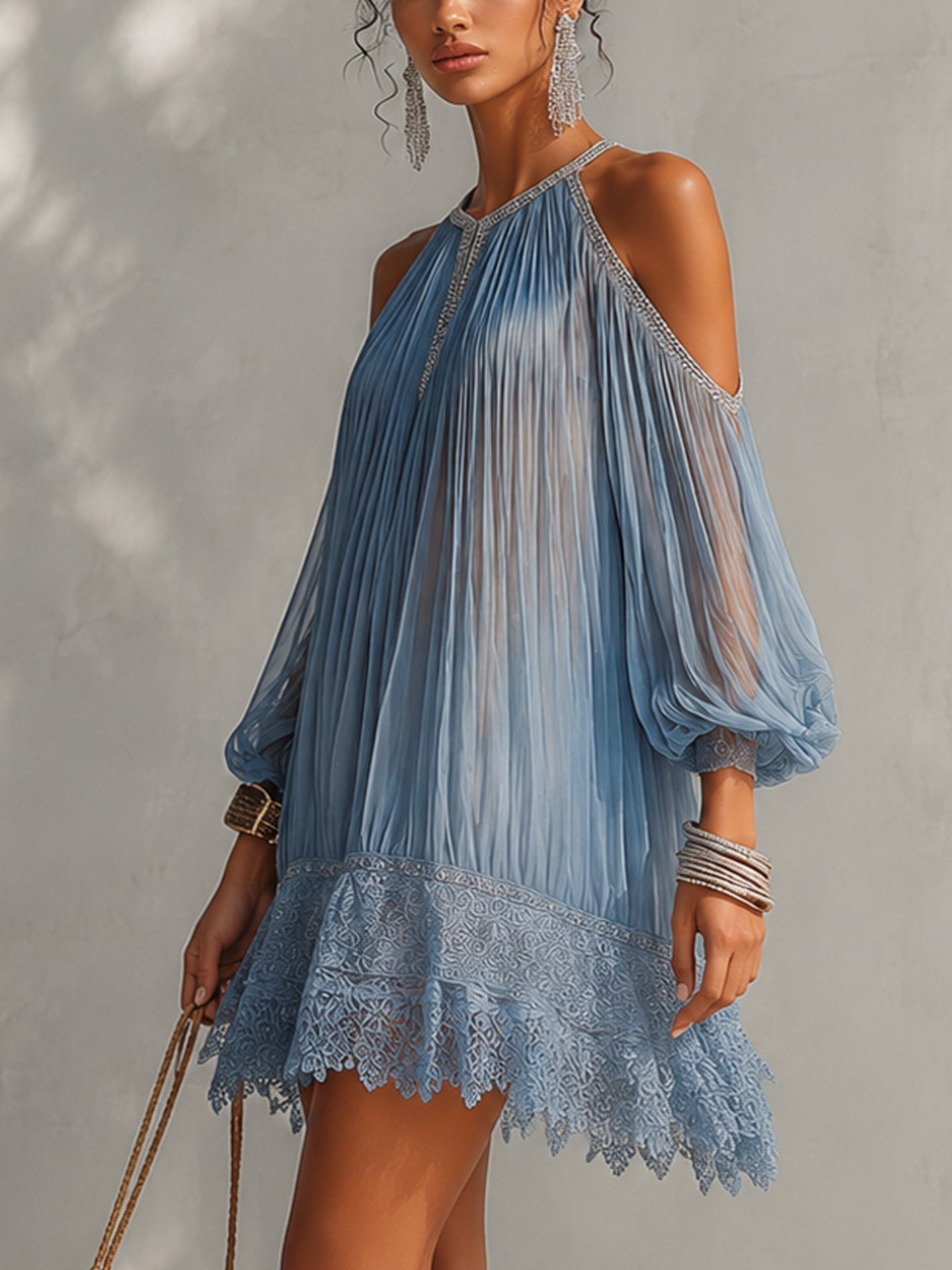 Bellaire™ | Cold-Shoulder Pleated Mini Dress with Lace Hem