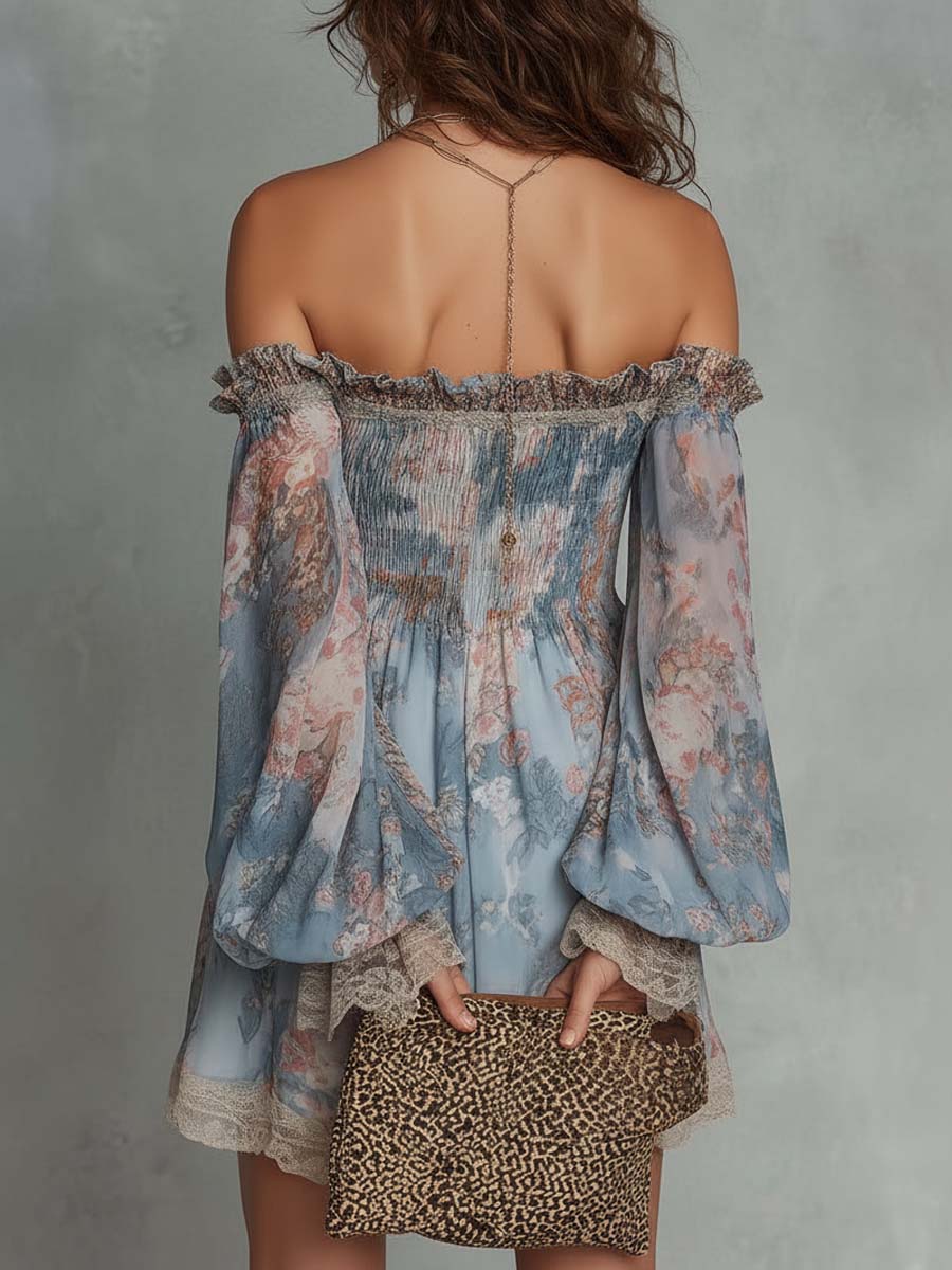 Dawnflora™ | Off-Shoulder Smocked Mini Dress with Romantic Floral Print