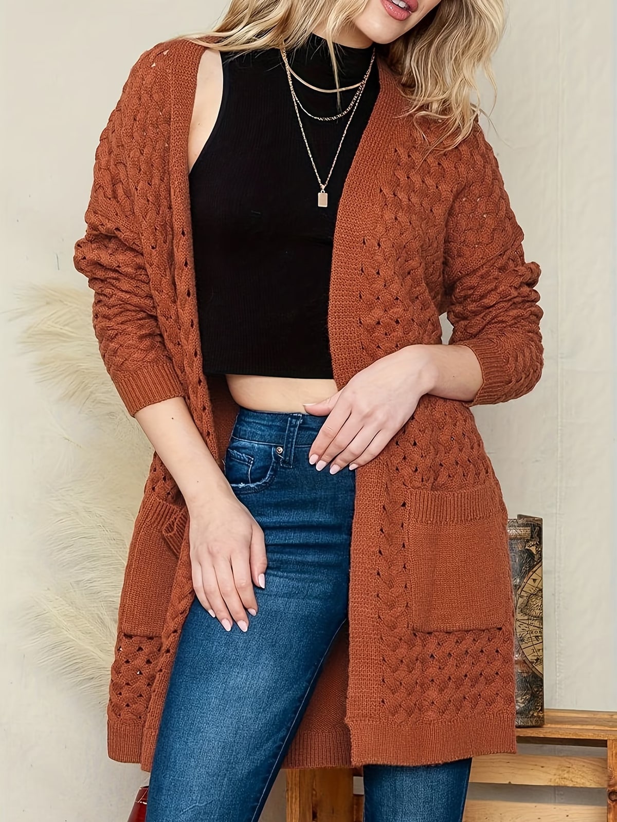 Keeley | Rust Openwork Longline Cardigan