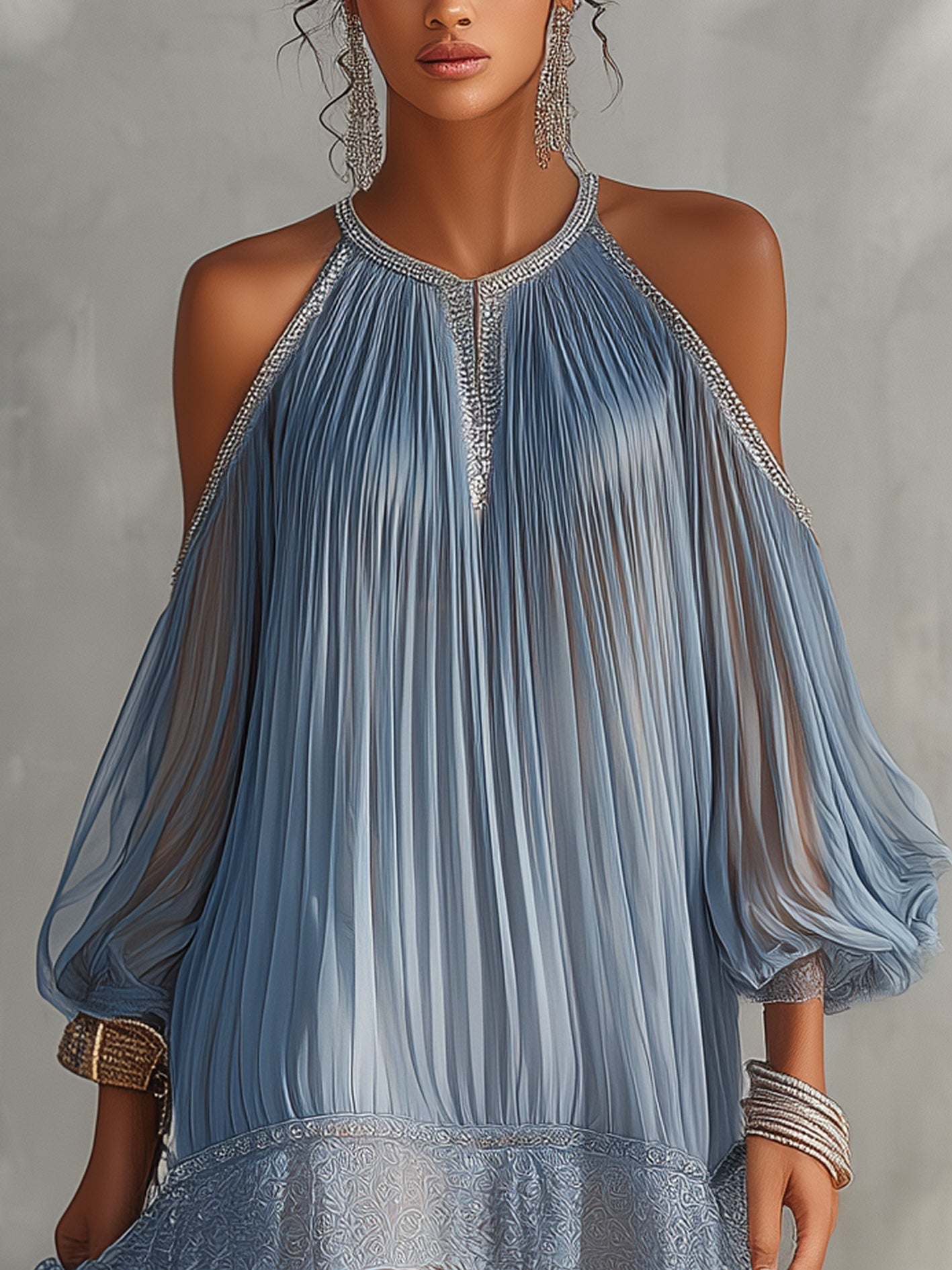Bellaire™ | Cold-Shoulder Pleated Mini Dress with Lace Hem