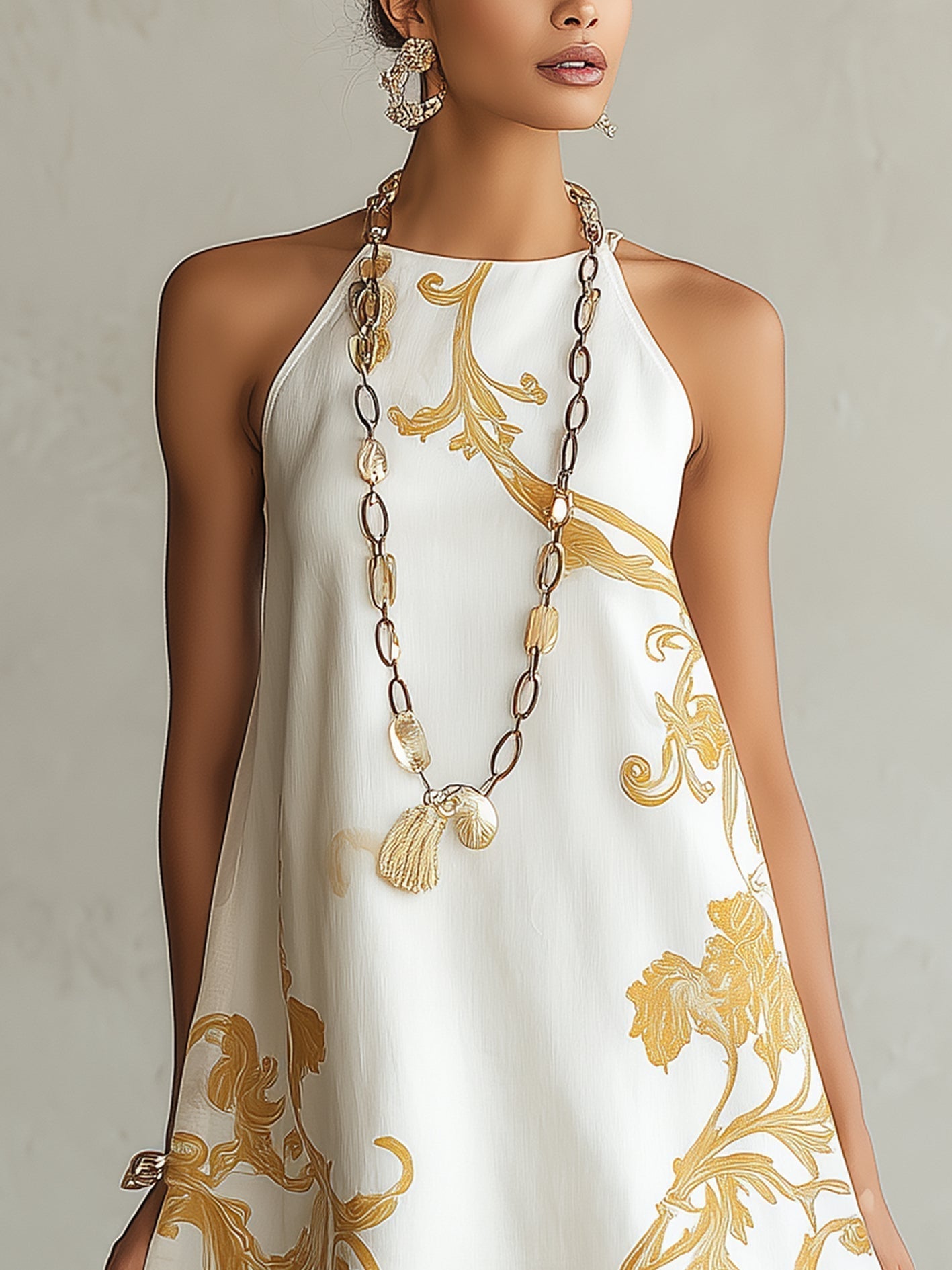 Valdine™ | White & Gold Baroque Mini Dress