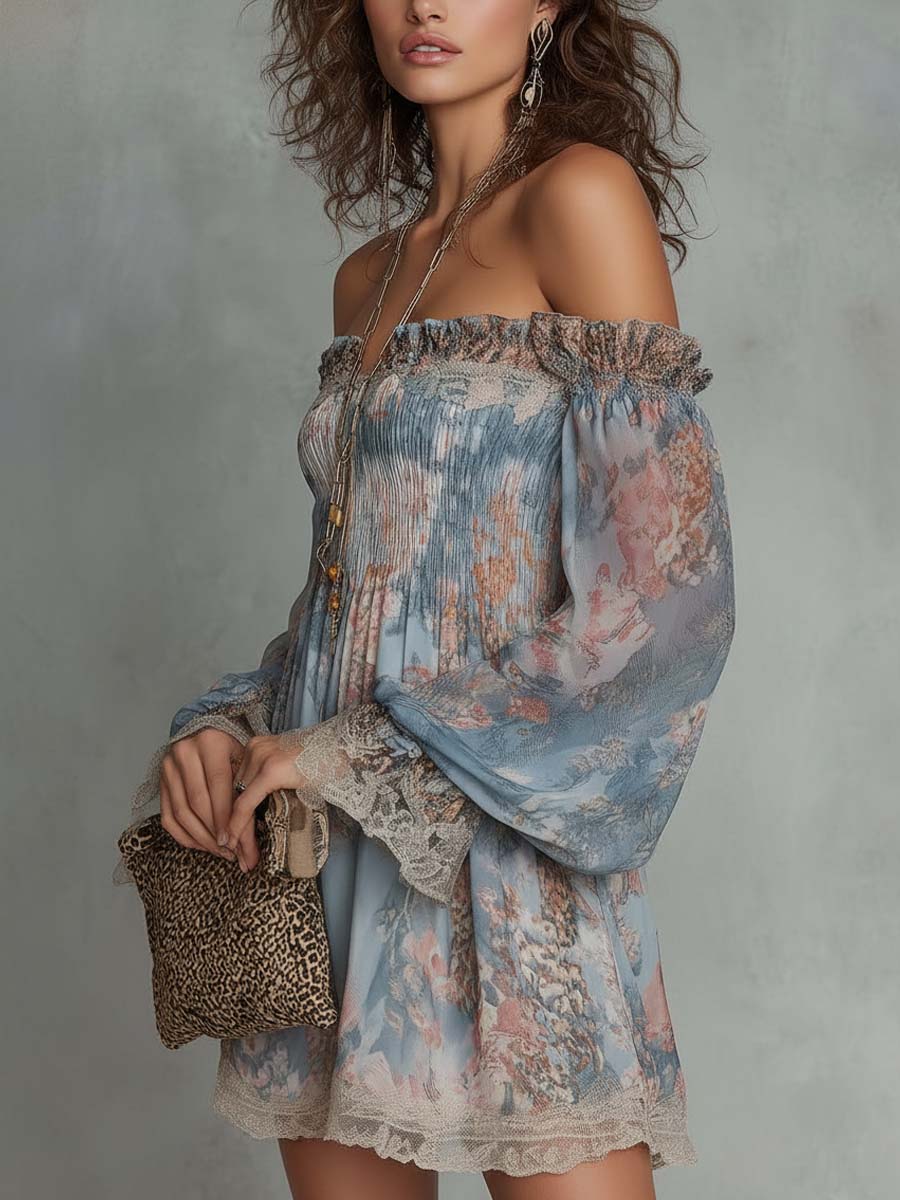 Dawnflora™ | Off-Shoulder Smocked Mini Dress with Romantic Floral Print