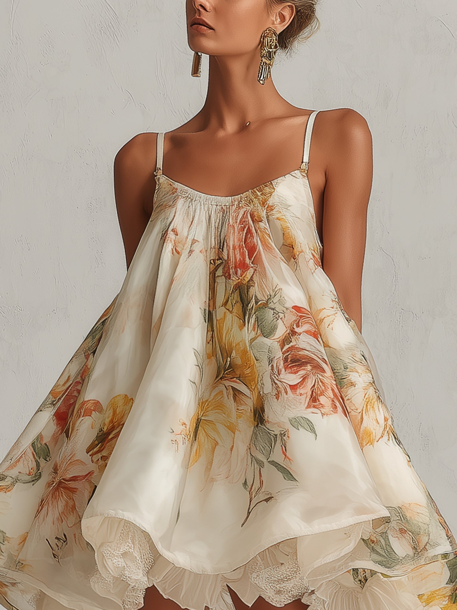 Orlinda™ | Floral Mini Trapeze Dress with Lace Hem