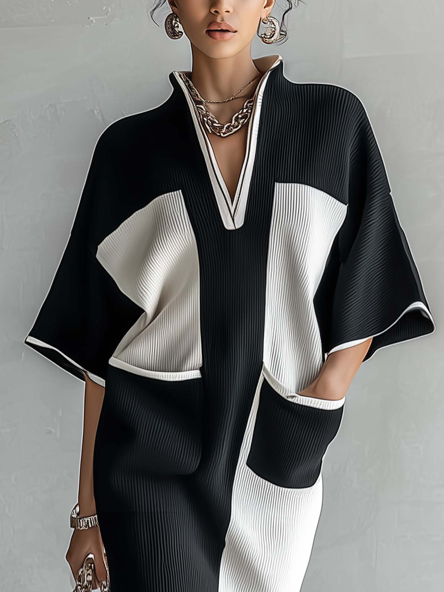 Monceau™ | Color-Block Midi Dress with Batwing Sleeves