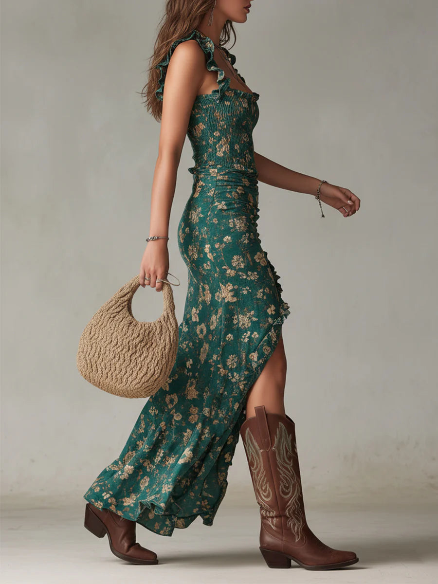 Valentina™ | Boho Floral Ruffle Maxi Dress with Smocked Bodice and Front Slit