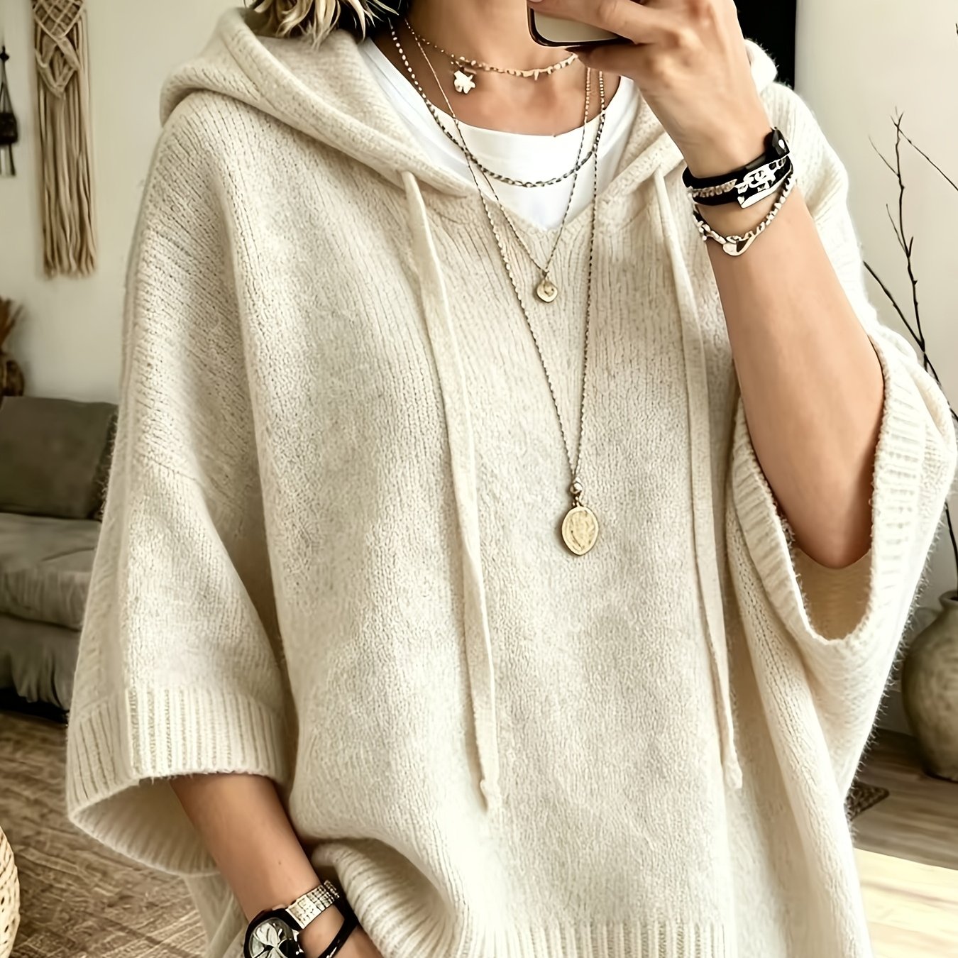 Vynora™ | Casual Drawstring Hooded Poncho Sweater