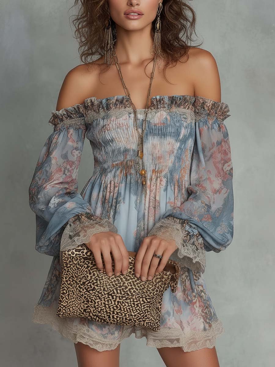 Dawnflora™ | Off-Shoulder Smocked Mini Dress with Romantic Floral Print
