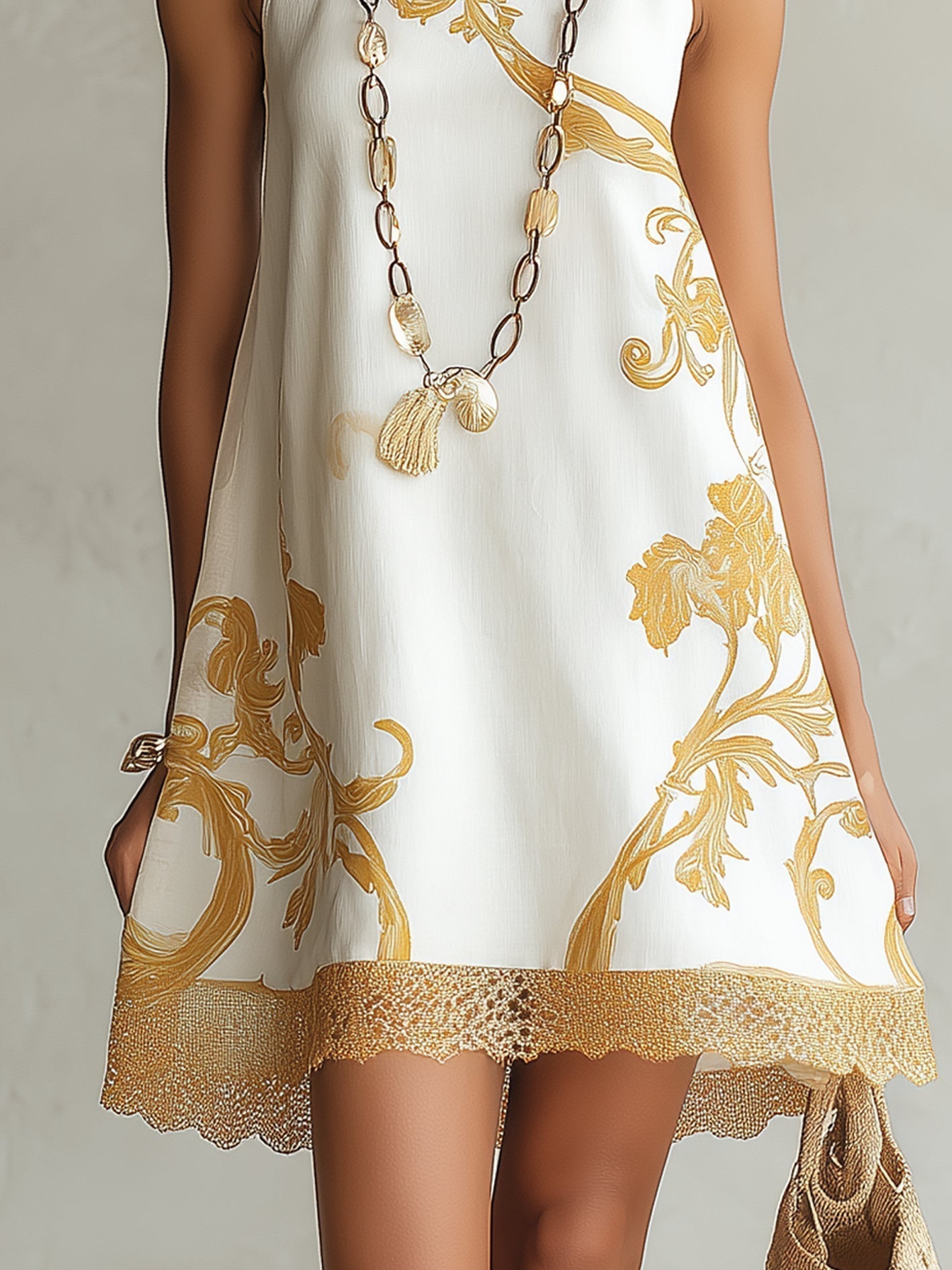 Valdine™ | White & Gold Baroque Mini Dress