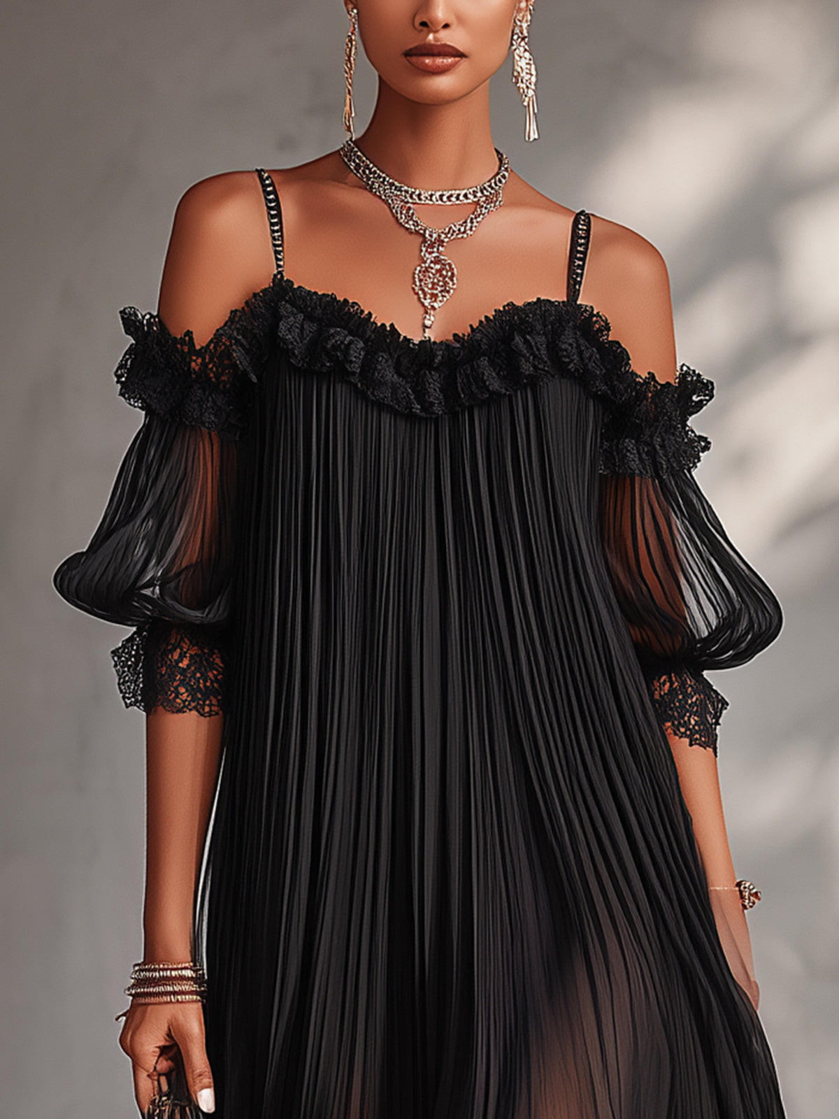 Clavinda™ | Cold-Shoulder Pleated Mini Dress with Lace Trim