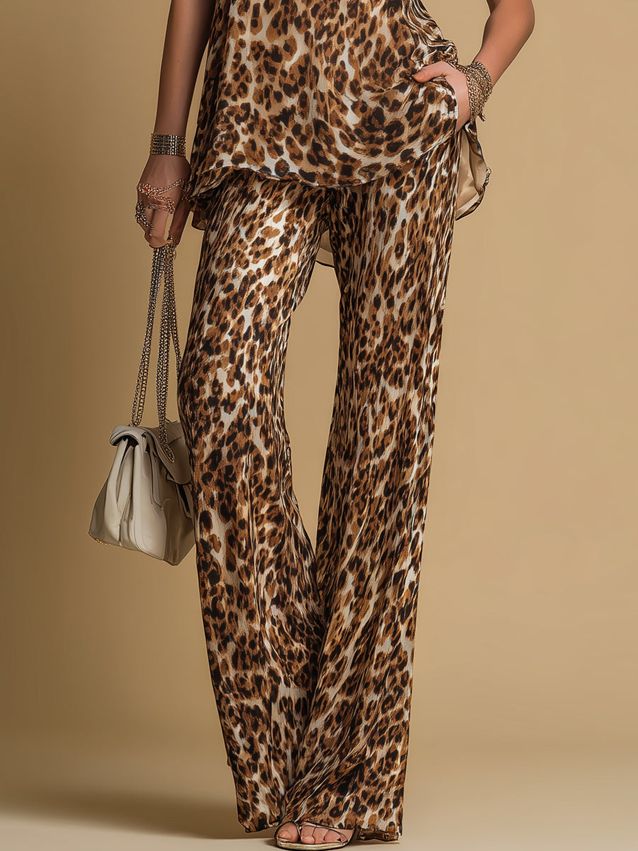 Clivara™ | Leopard Print Sleeveless Top and Flared Pants Set