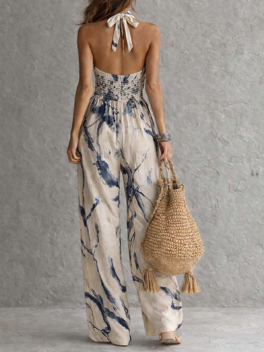 Esmé™ | Halter Neck Ink Wash Print Wide Leg Jumpsuit With Pockets